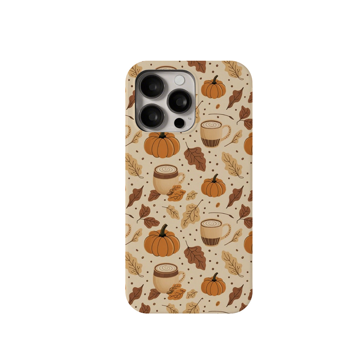 Phone case with autumn design featuring pumpkins and mugs on a beige background