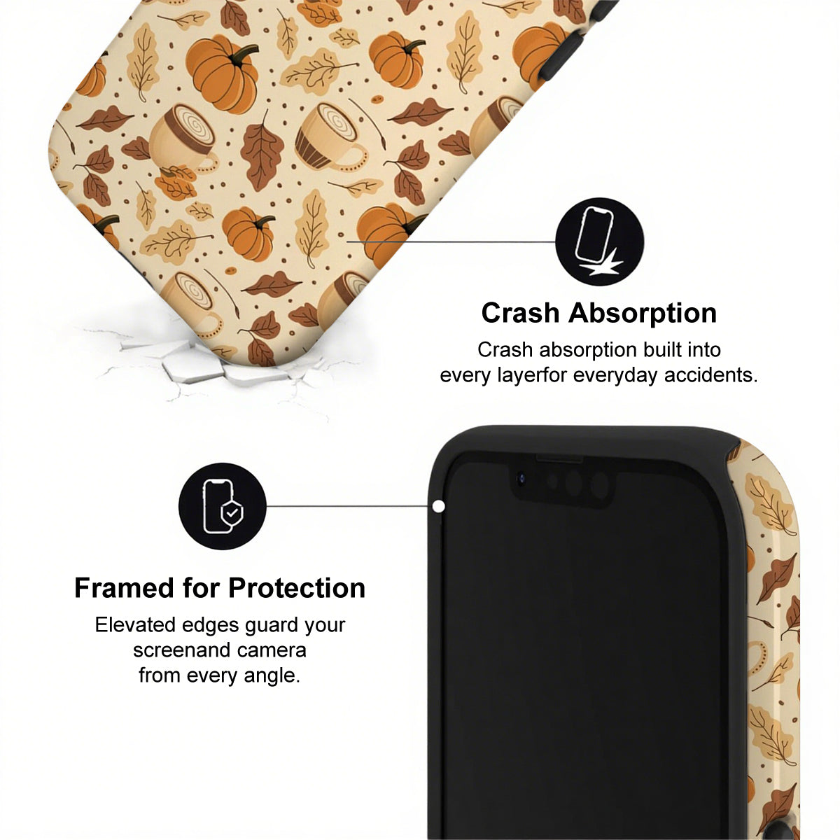 Phone case with autumn design and text highlighting crash absorption and protection features.