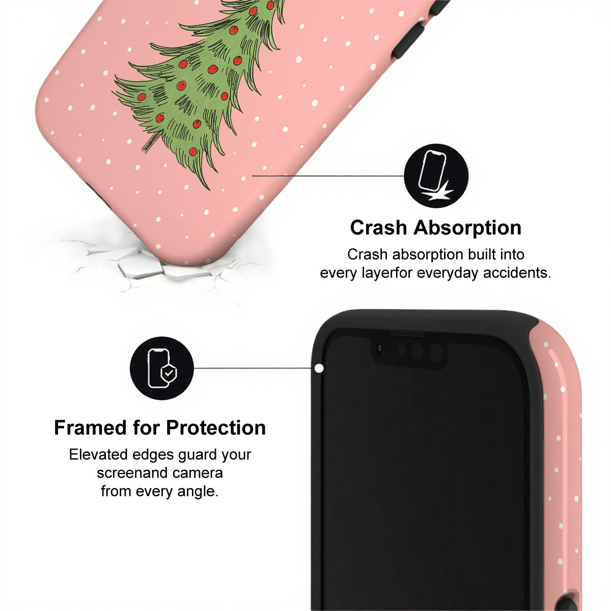 Phone case with Christmas tree design and text about crash absorption and protection.