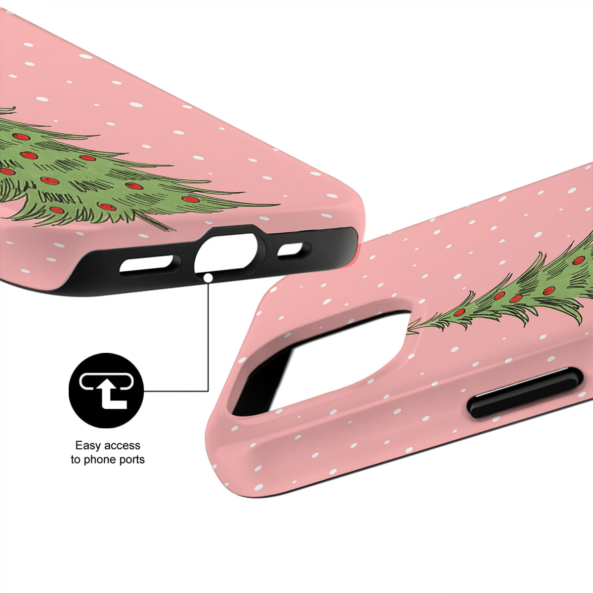 Pink phone case with Christmas tree design and snowflakes on a white background
