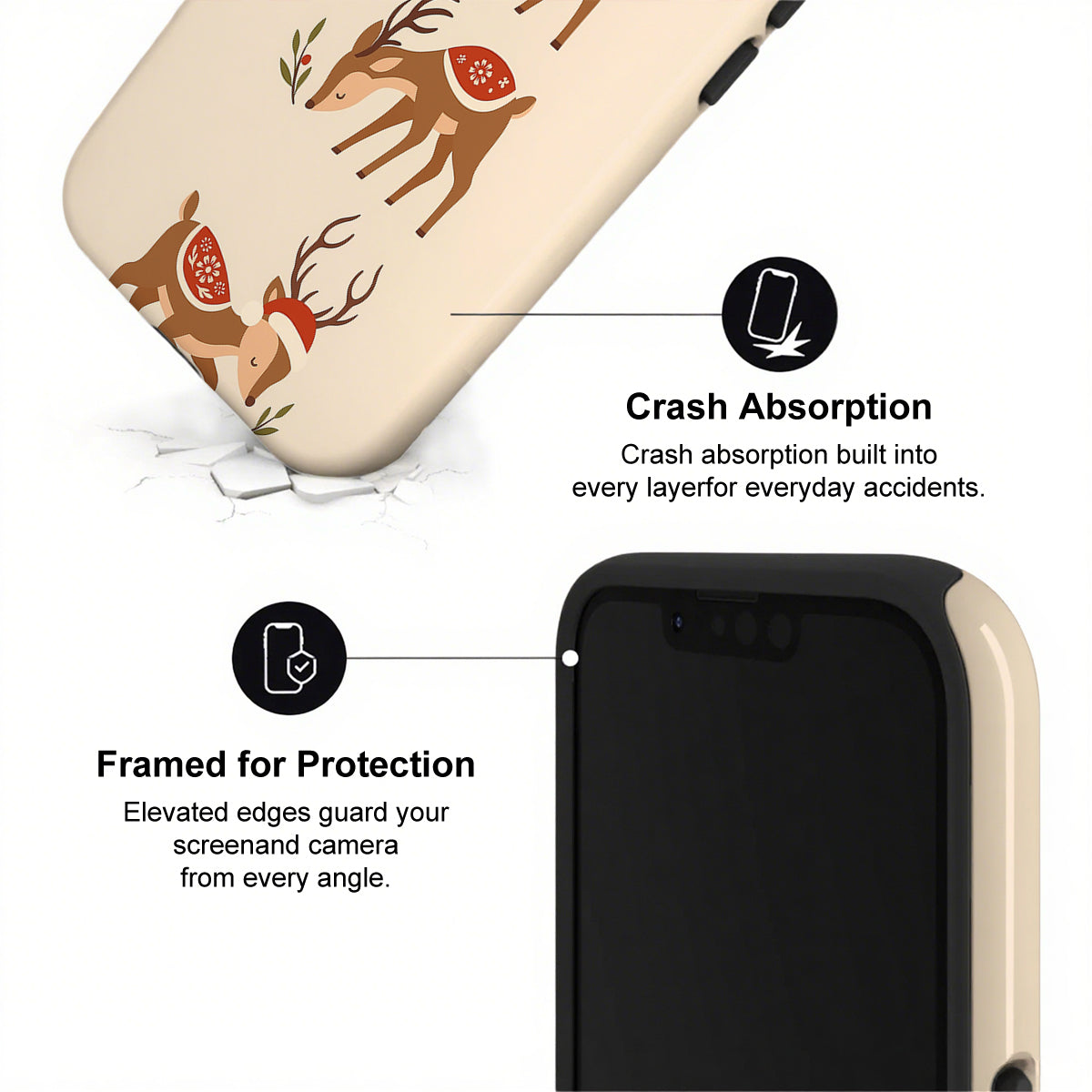 Phone case with deer design and text about crash absorption and protection