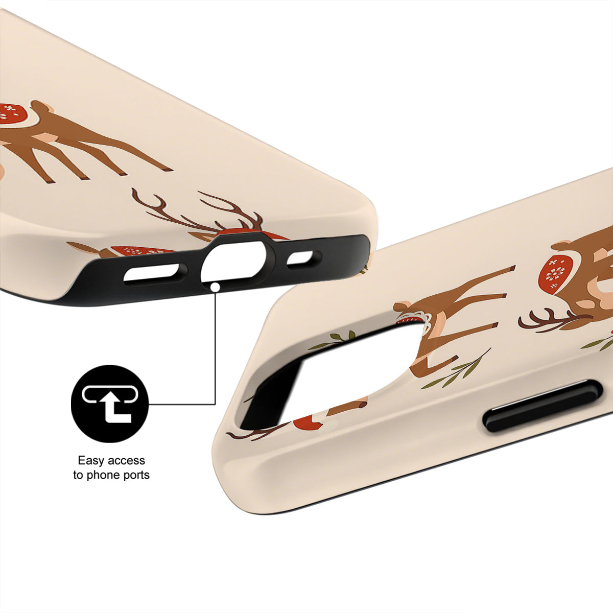 Phone case with deer design and easy access to phone ports feature