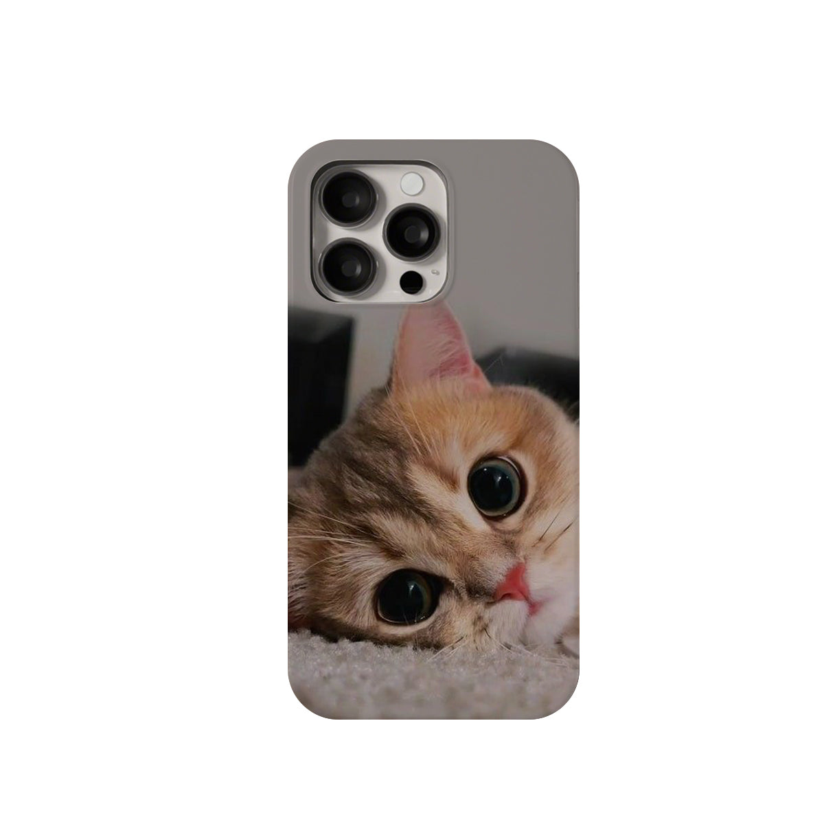 Phone case with a cute kitten peeking out on a white background