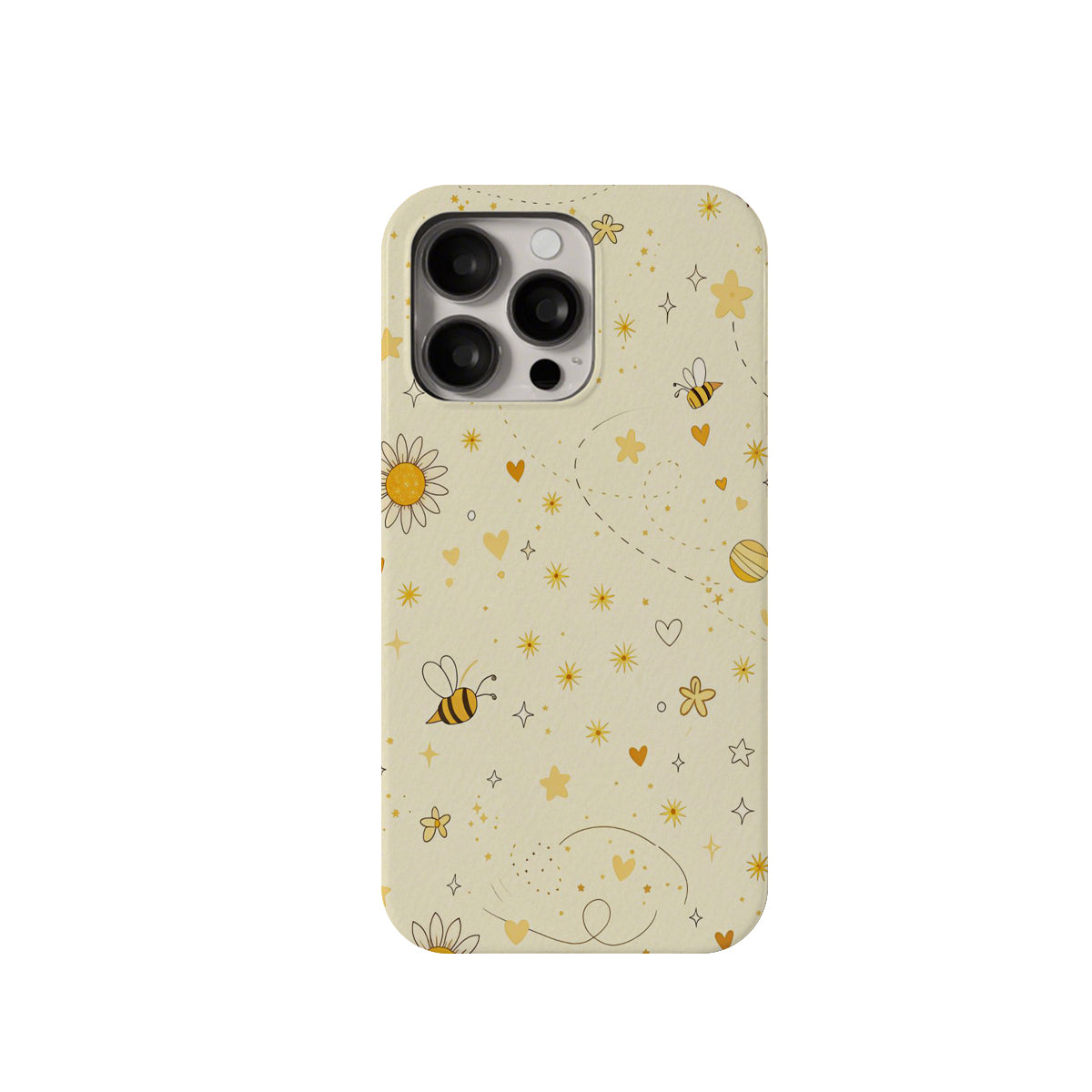 Phone case with bee and flower pattern on a beige background
