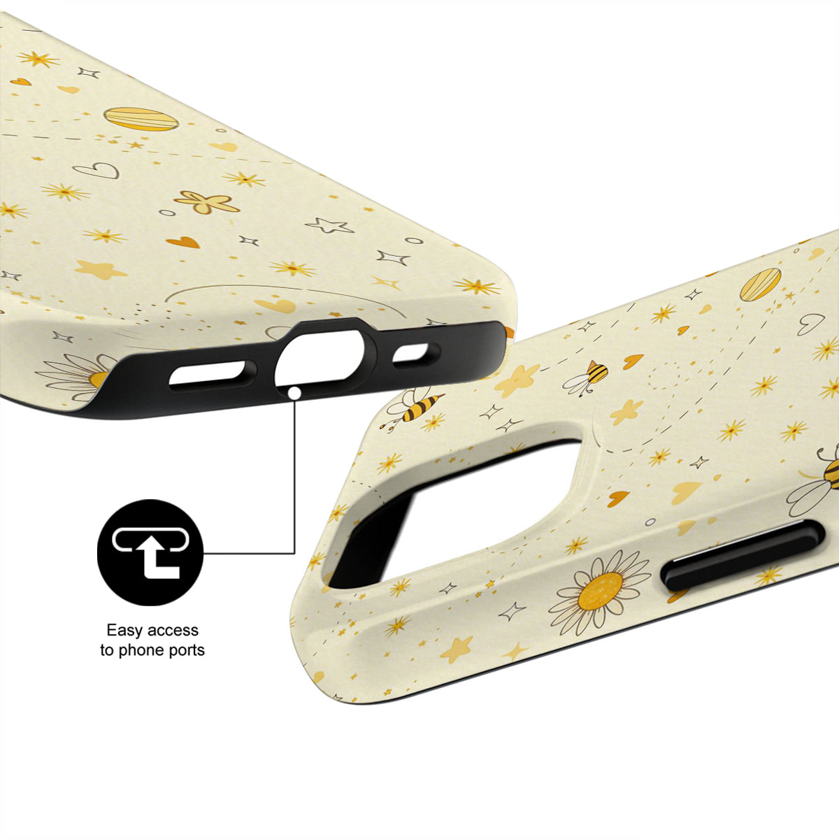 Phone case with floral design and text 'Easy access to phone ports' on a white background