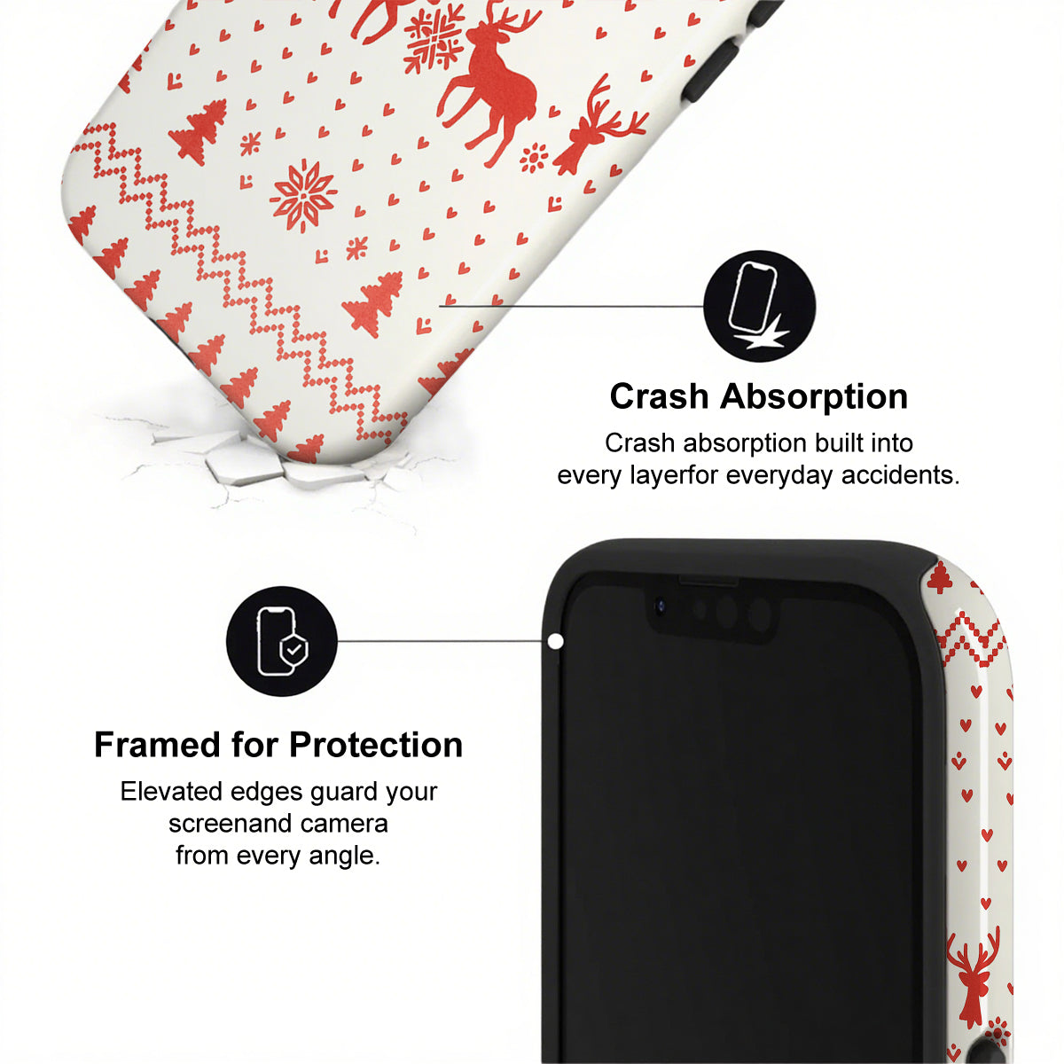 Phone case with red deer pattern and text highlighting crash absorption and protection features.