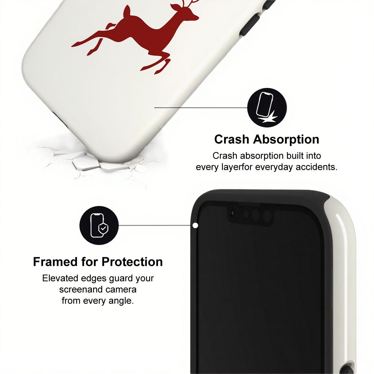 Phone case with deer design and text about crash absorption and protection.