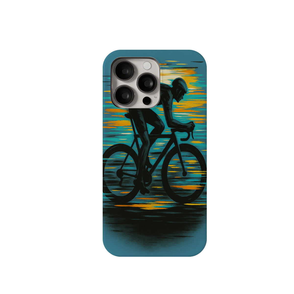 Phone case with a cyclist design on a blue and yellow abstract background