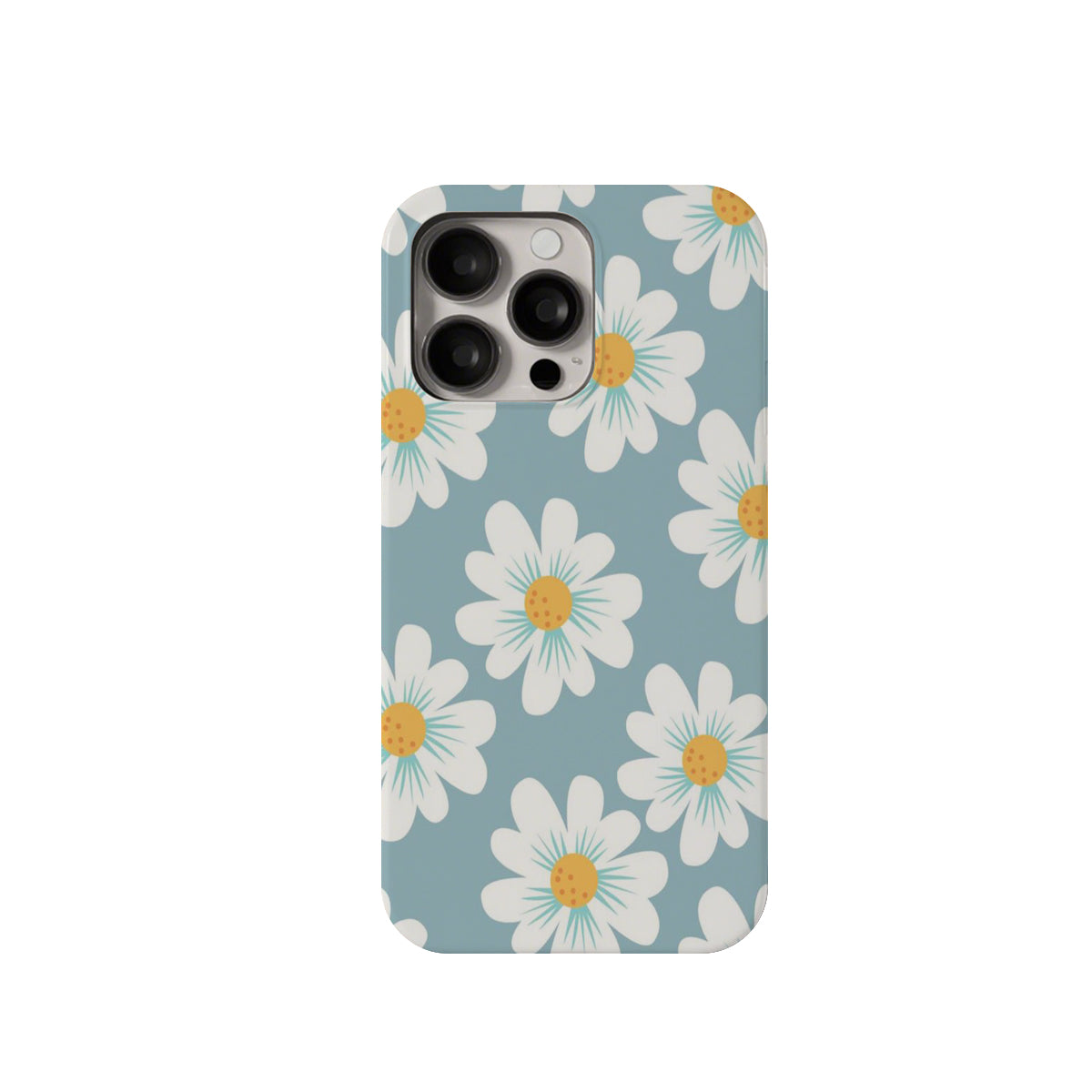 Phone case with daisy pattern on a blue background