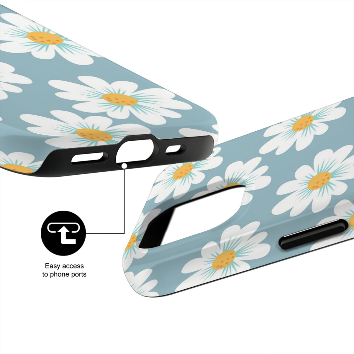 Phone case with daisy pattern and easy access to phone ports feature