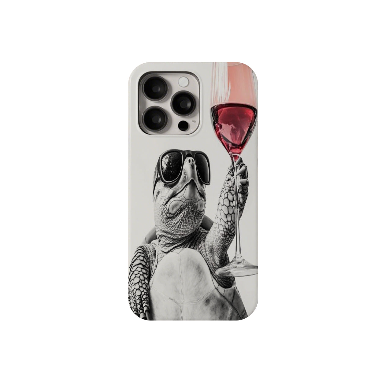 Phone case with a turtle holding a glass of red wine on a white background