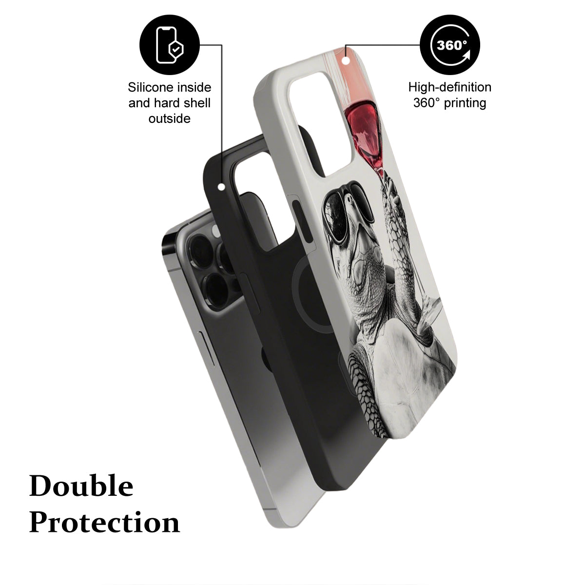 Phone case with a lizard design, highlighting features like silicone interior, hard shell exterior, and 360-degree printing.