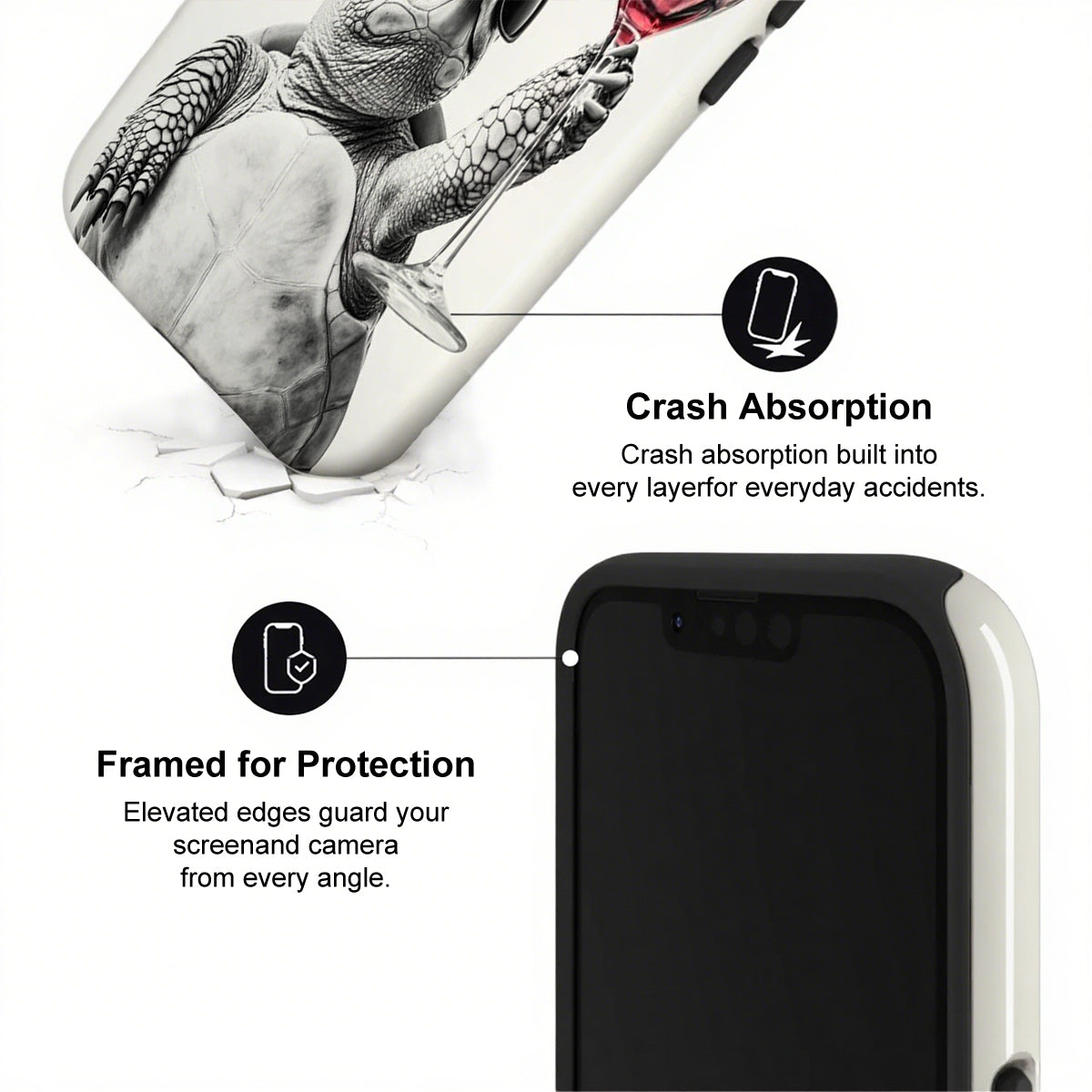 Phone case with turtle design and text highlighting crash absorption and protection features.