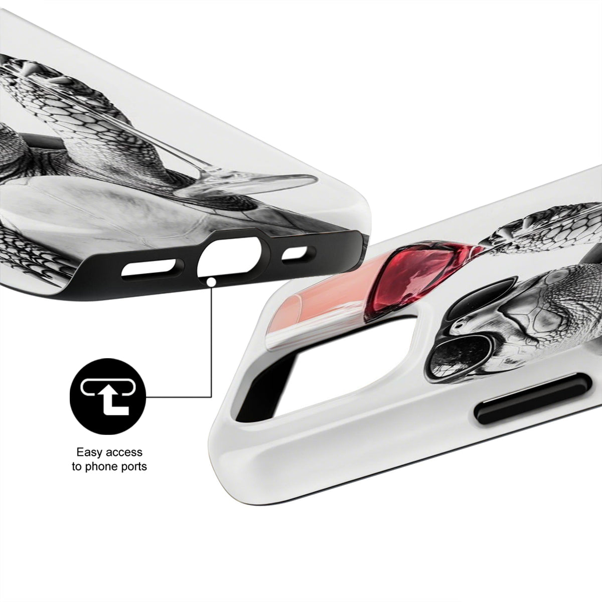 Phone case with a design of a fish and a glass, featuring easy access to phone ports.