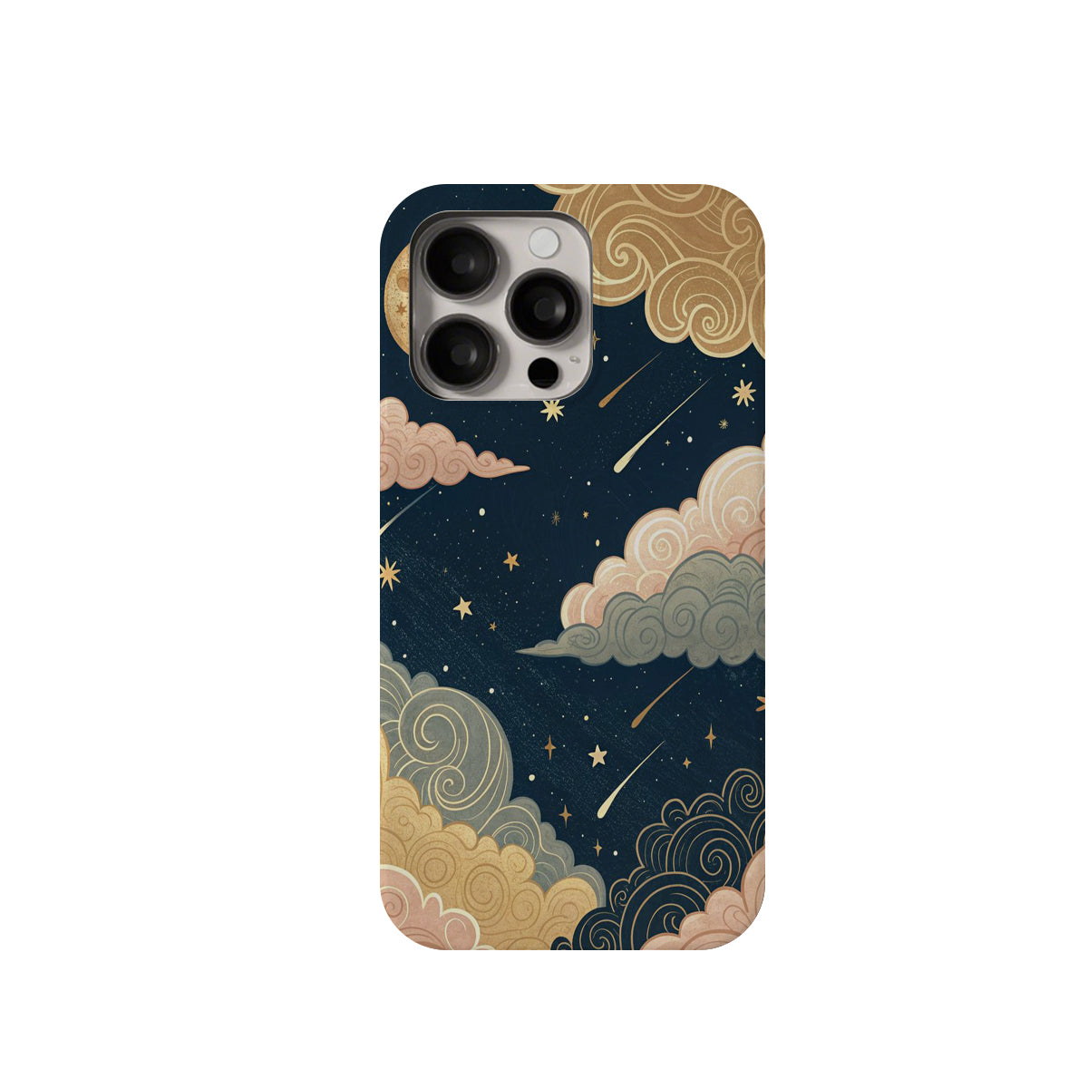 Phone case with celestial design featuring clouds and stars on a blue background