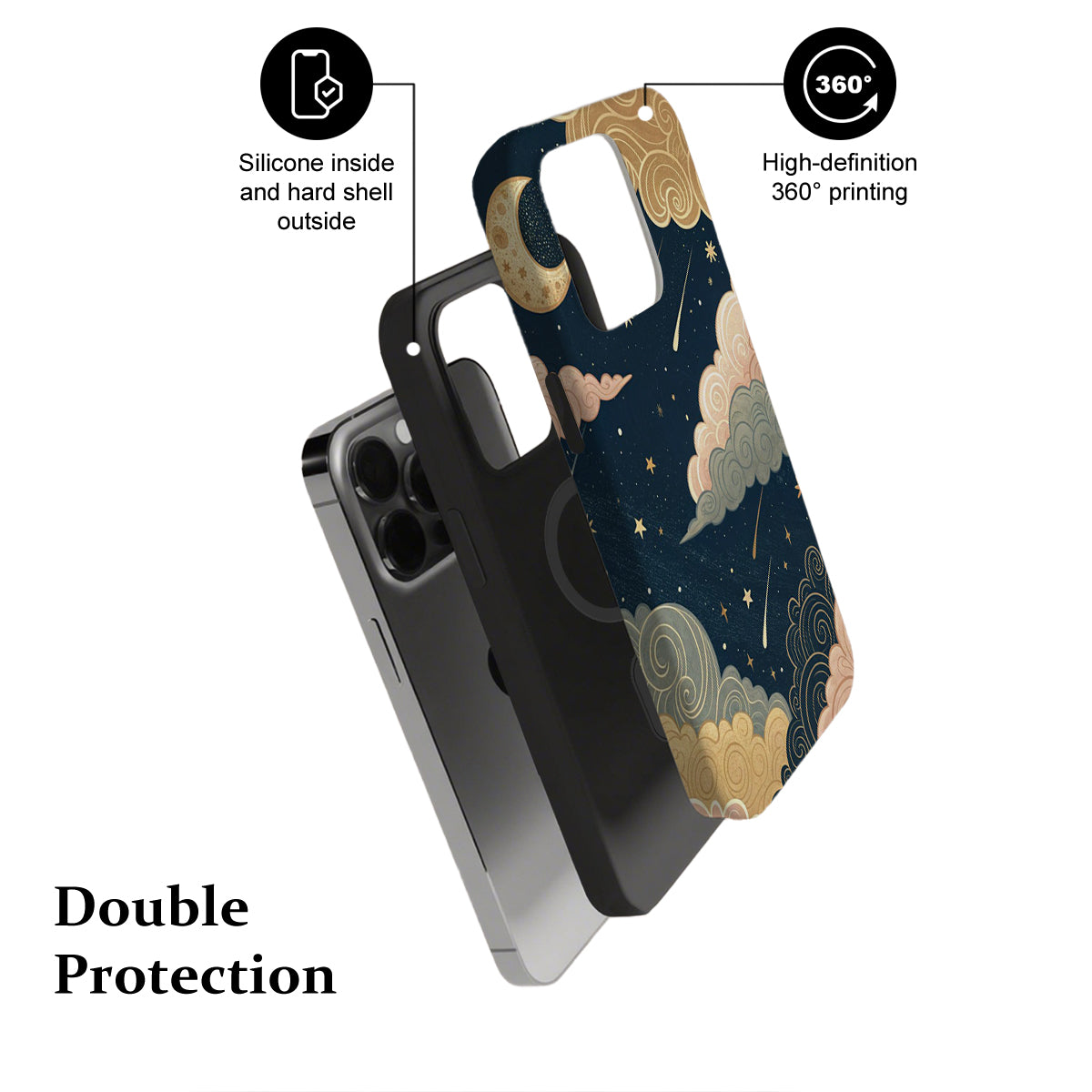 Phone case with celestial design and text highlighting features on a white background