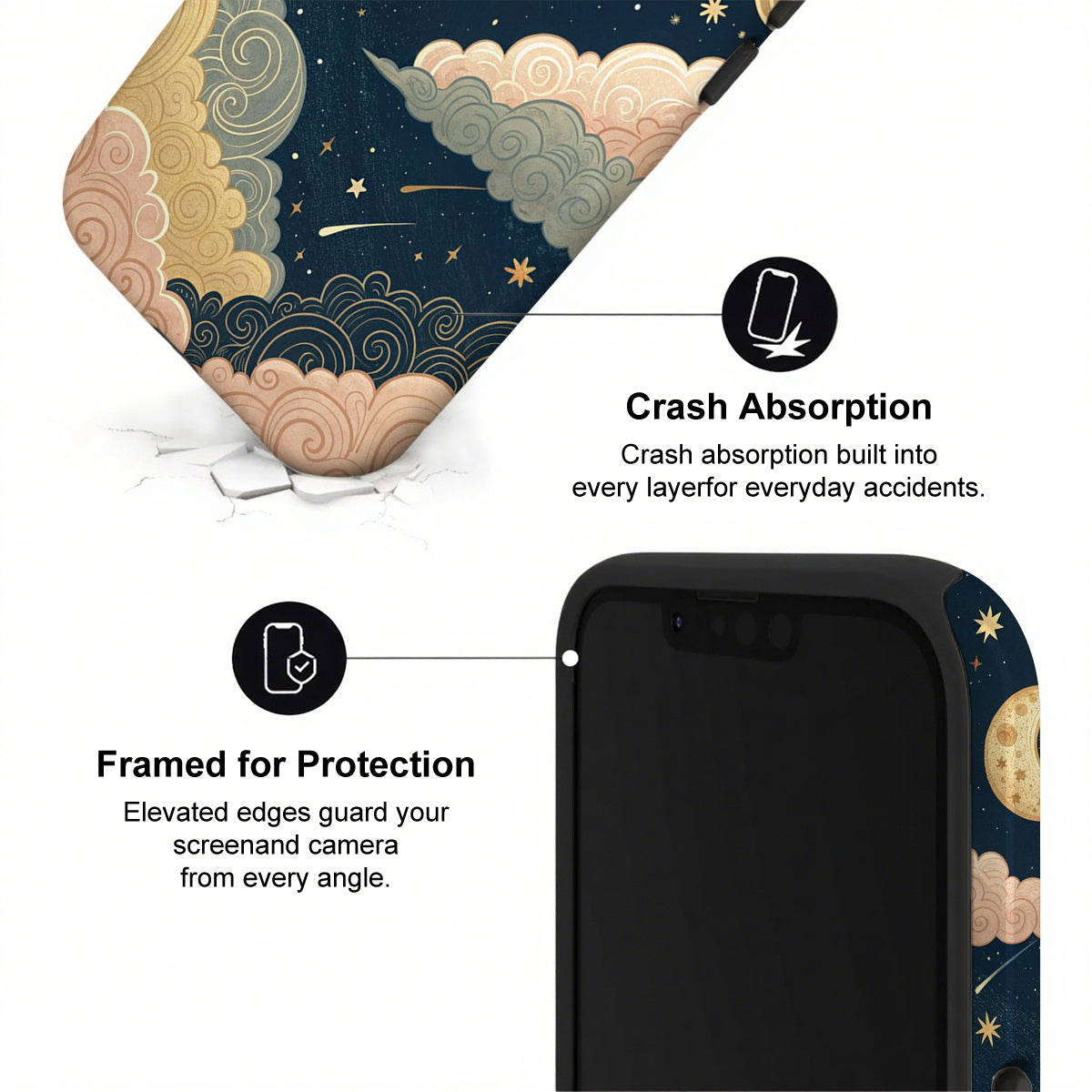 Phone case with celestial design and text highlighting crash absorption and protection features.