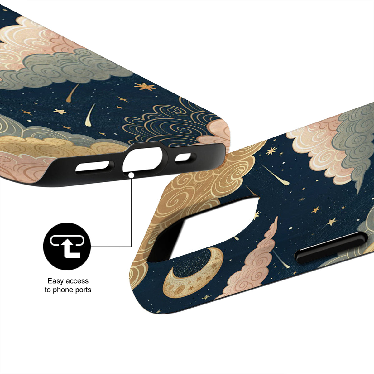 Phone case with celestial design featuring clouds and stars, showing ease of access to phone ports.