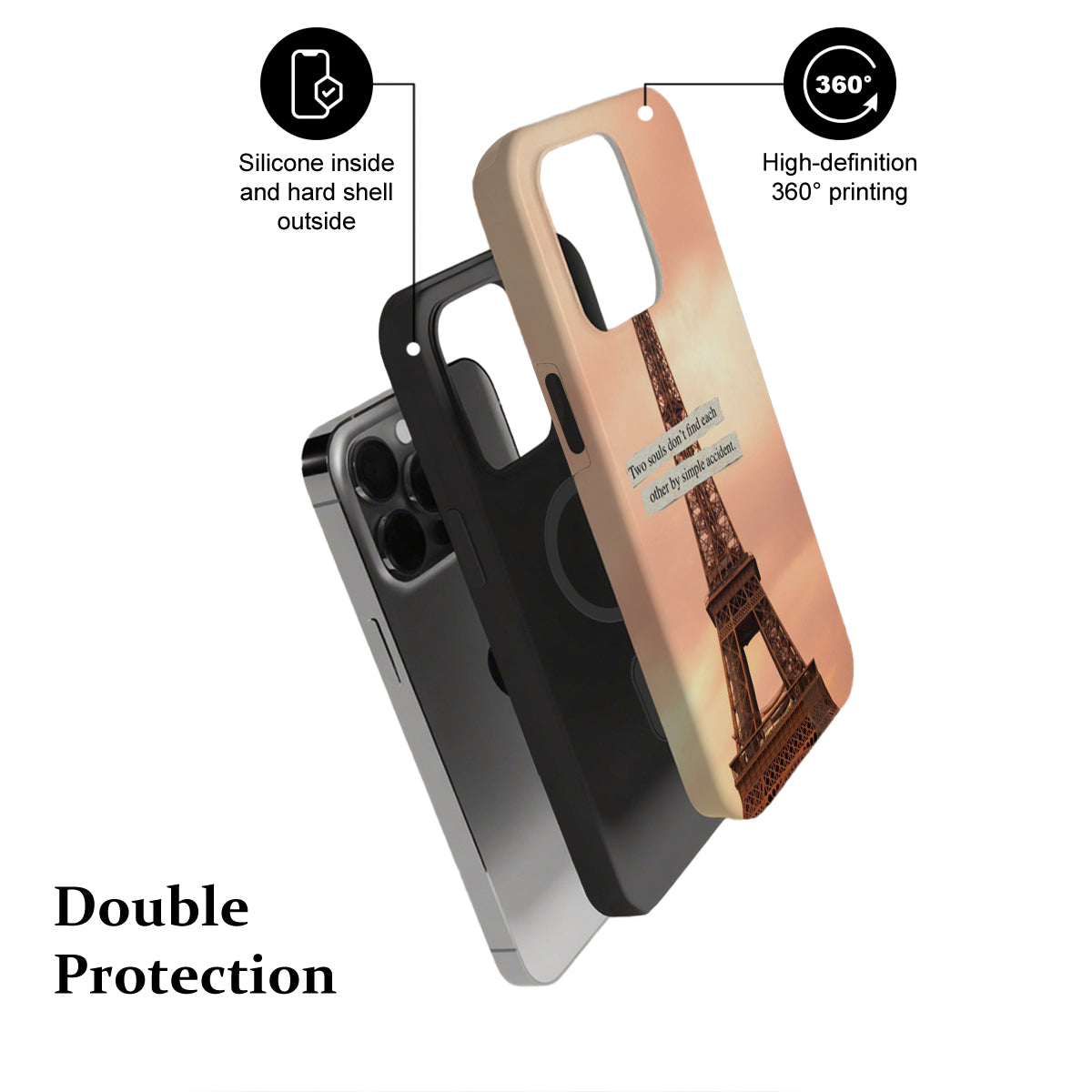 Phone case with Eiffel Tower design, highlighting features on a white background