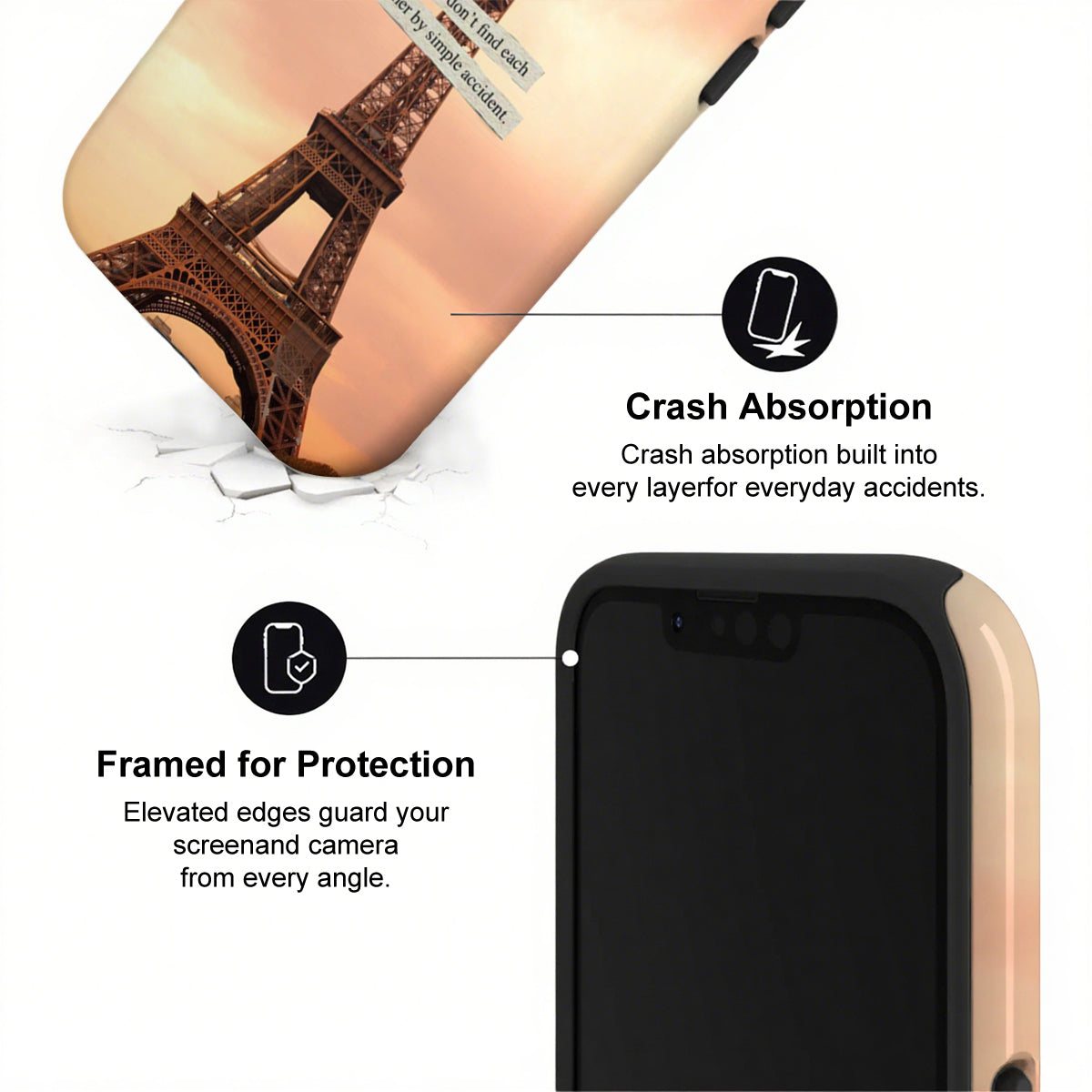 Phone case with Eiffel Tower design and text about crash absorption and protection.
