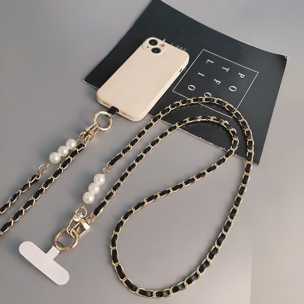 Gold chain phone lanyard with pearl charm on a gray surface
