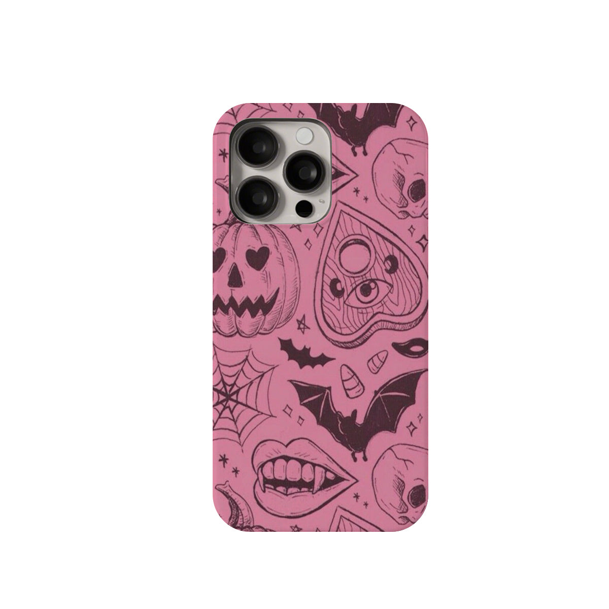 Pink phone case with Halloween-themed designs on a white background