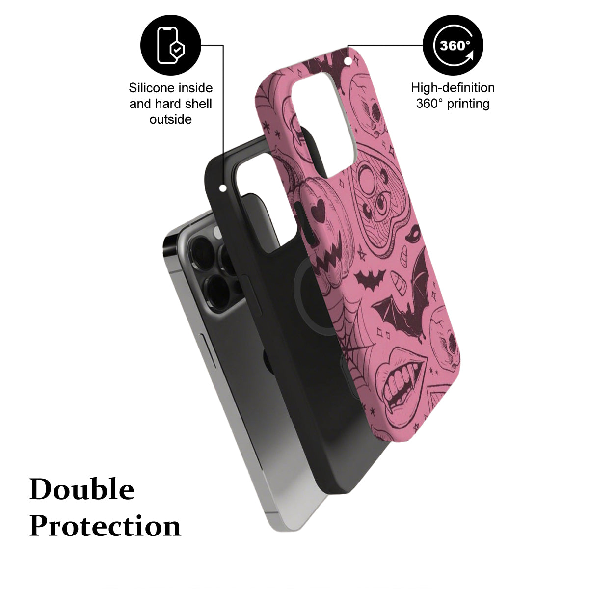 Phone case with pink skull design and black phone, labeled features on a white background