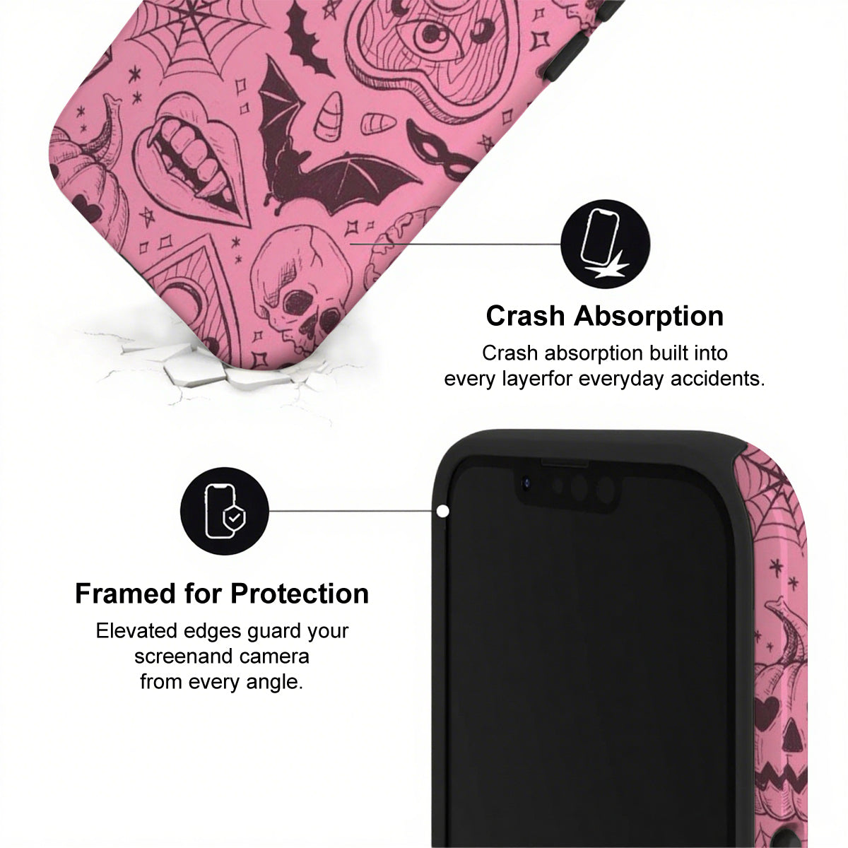 Phone case with pink Halloween-themed design and text highlighting crash absorption and protection.