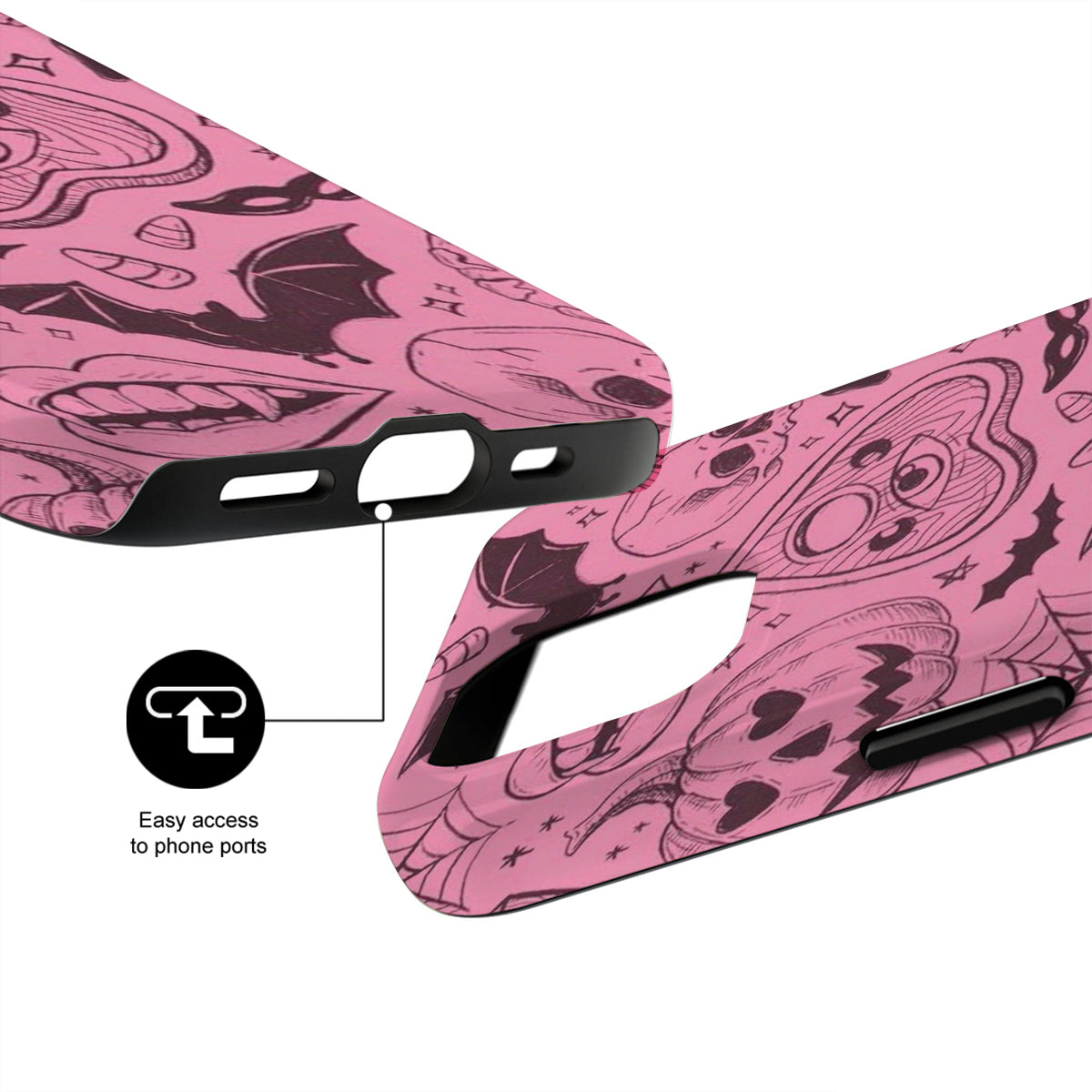 Pink phone case with cartoon designs and text indicating easy access to phone ports.