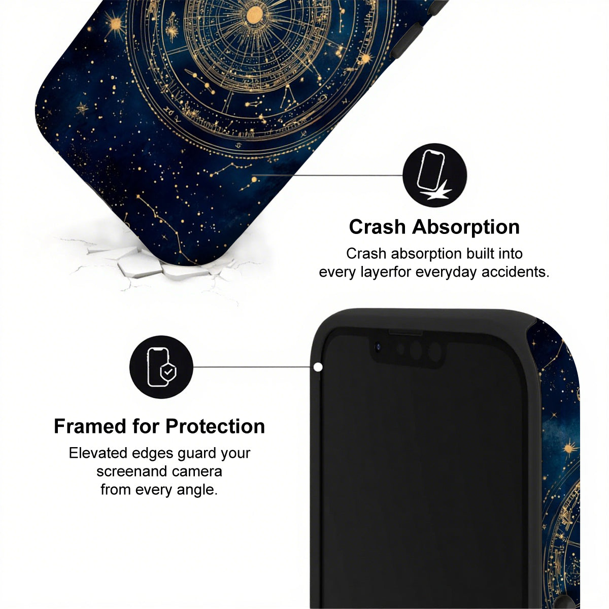Phone case with starry night design and text highlighting crash absorption and protection.