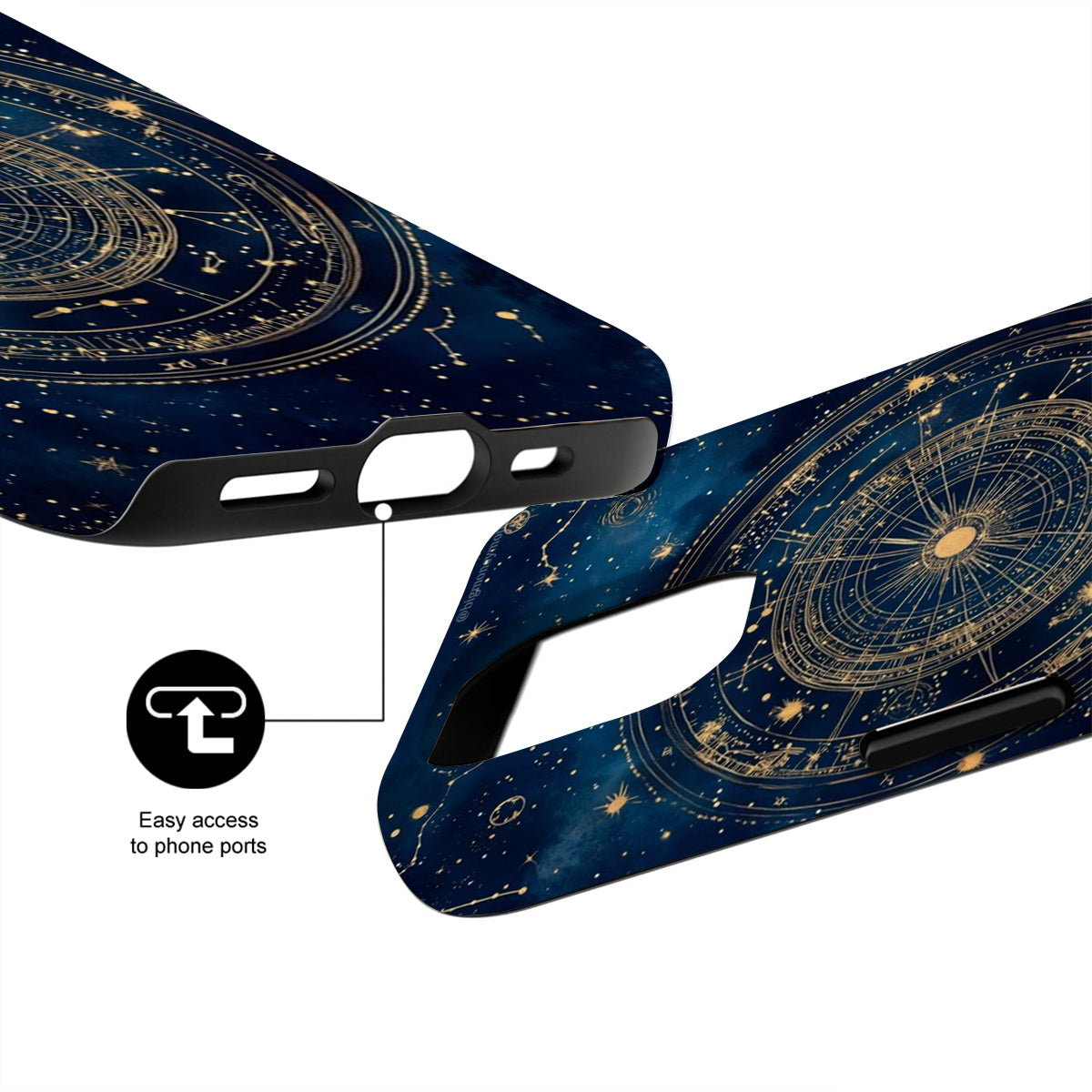 Phone case with celestial design and easy access to phone ports feature