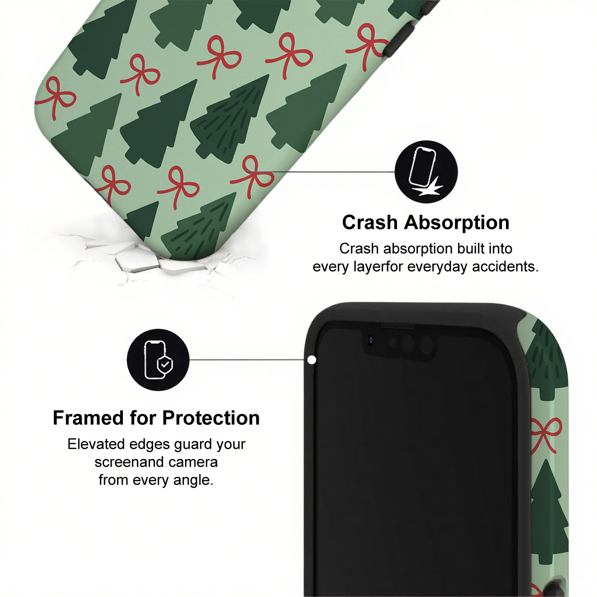 Phone case with Christmas tree and bow pattern, showing crash absorption and protection features.