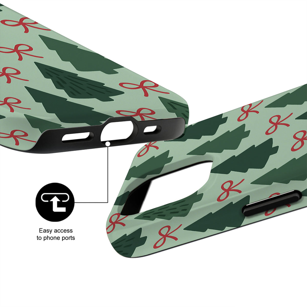 Phone case with Christmas tree and bow pattern on a white background