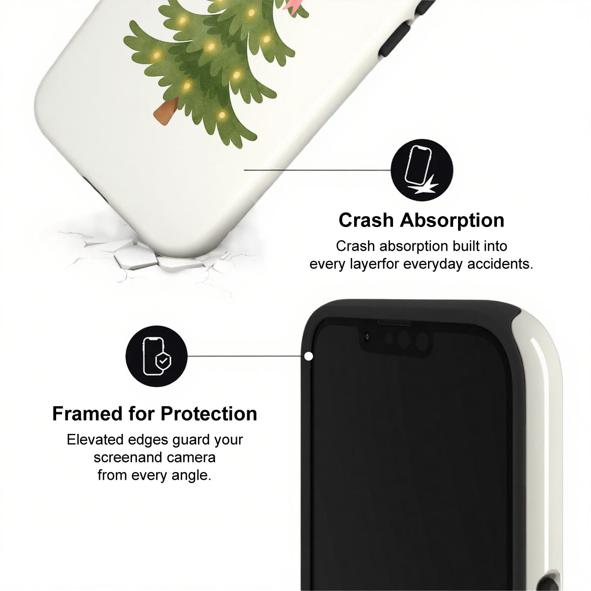 Phone case with text highlighting crash absorption and protection features on a white background.