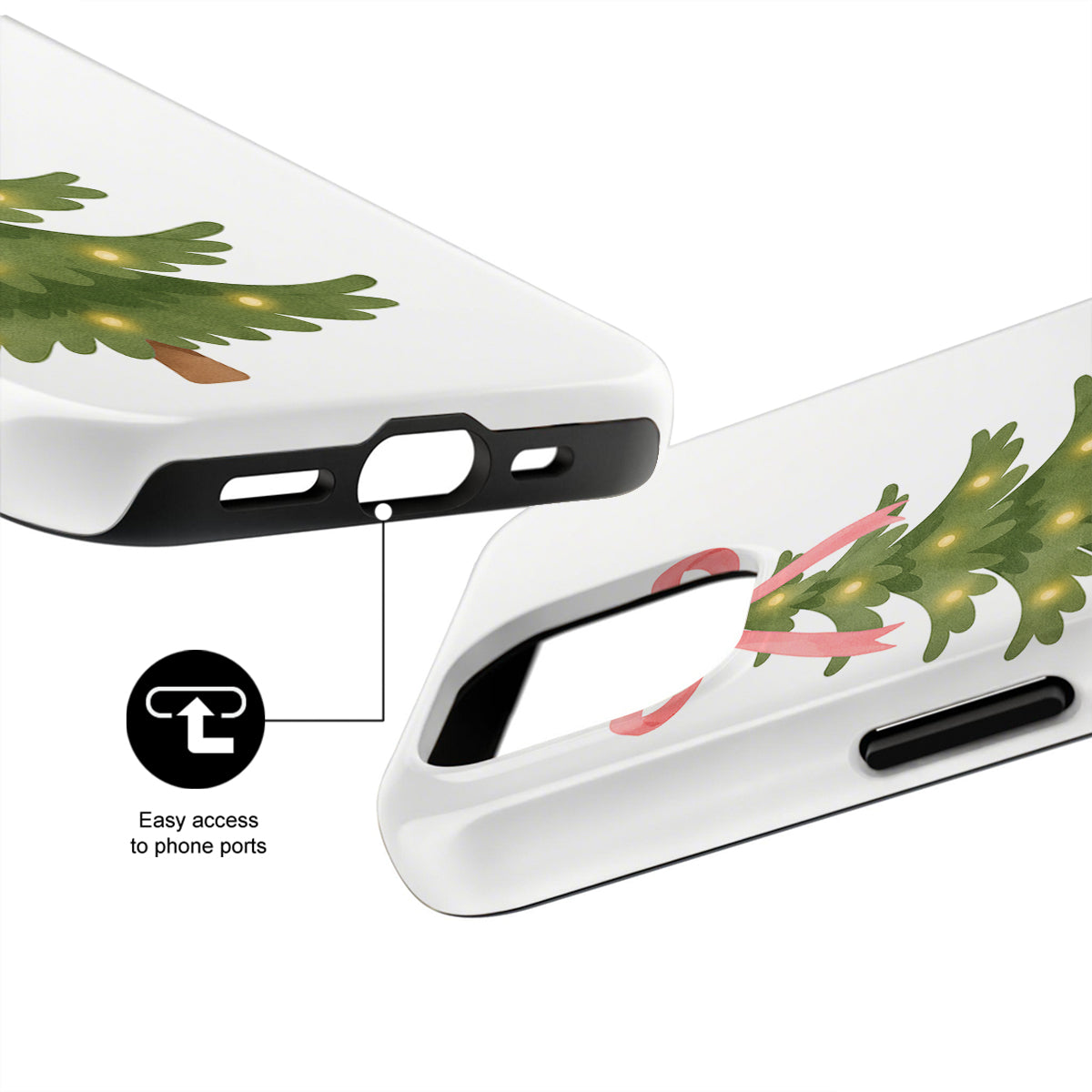 Phone case with Christmas tree design and text 'Easy access to phone ports' on a white background