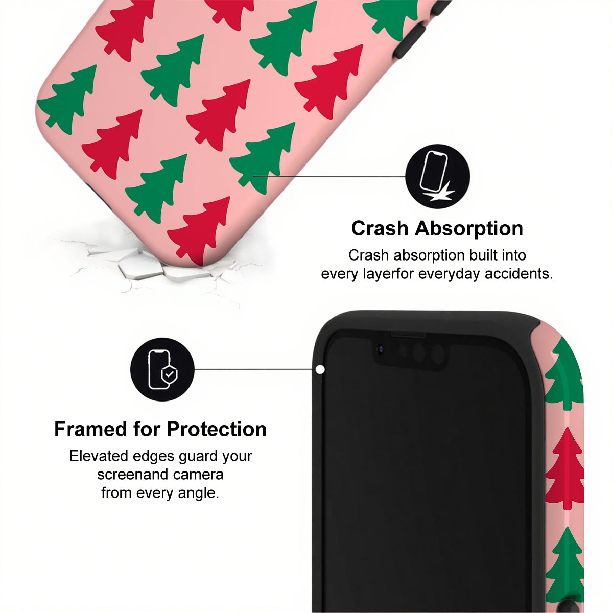 Phone case with Christmas tree pattern and text about crash absorption and protection.