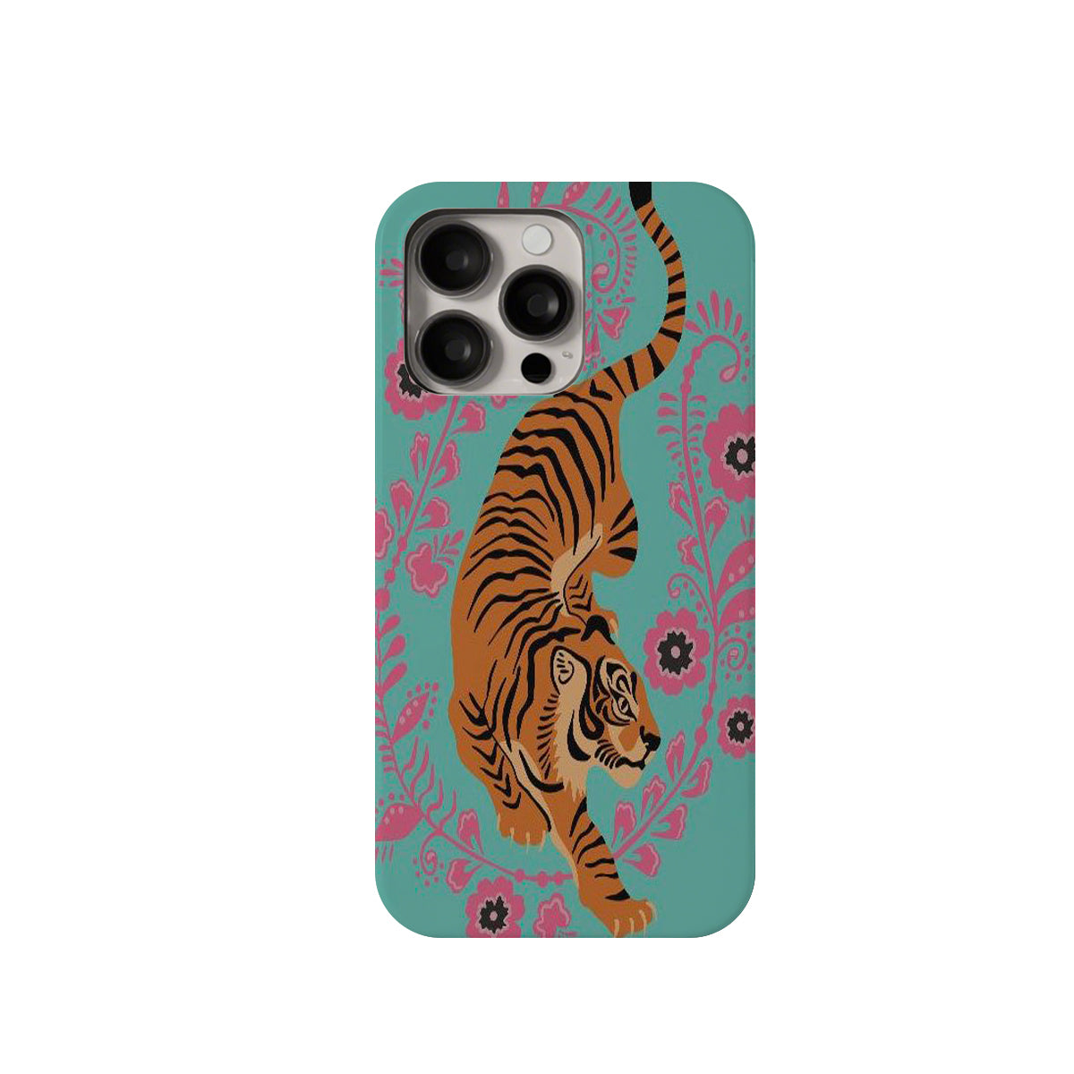 Phone case with a tiger design on a teal background