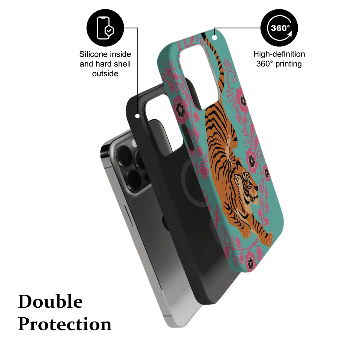 Phone case with tiger design and text highlighting features on a white background