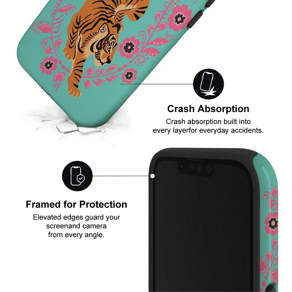 Phone case with tiger design and text about crash absorption and protection