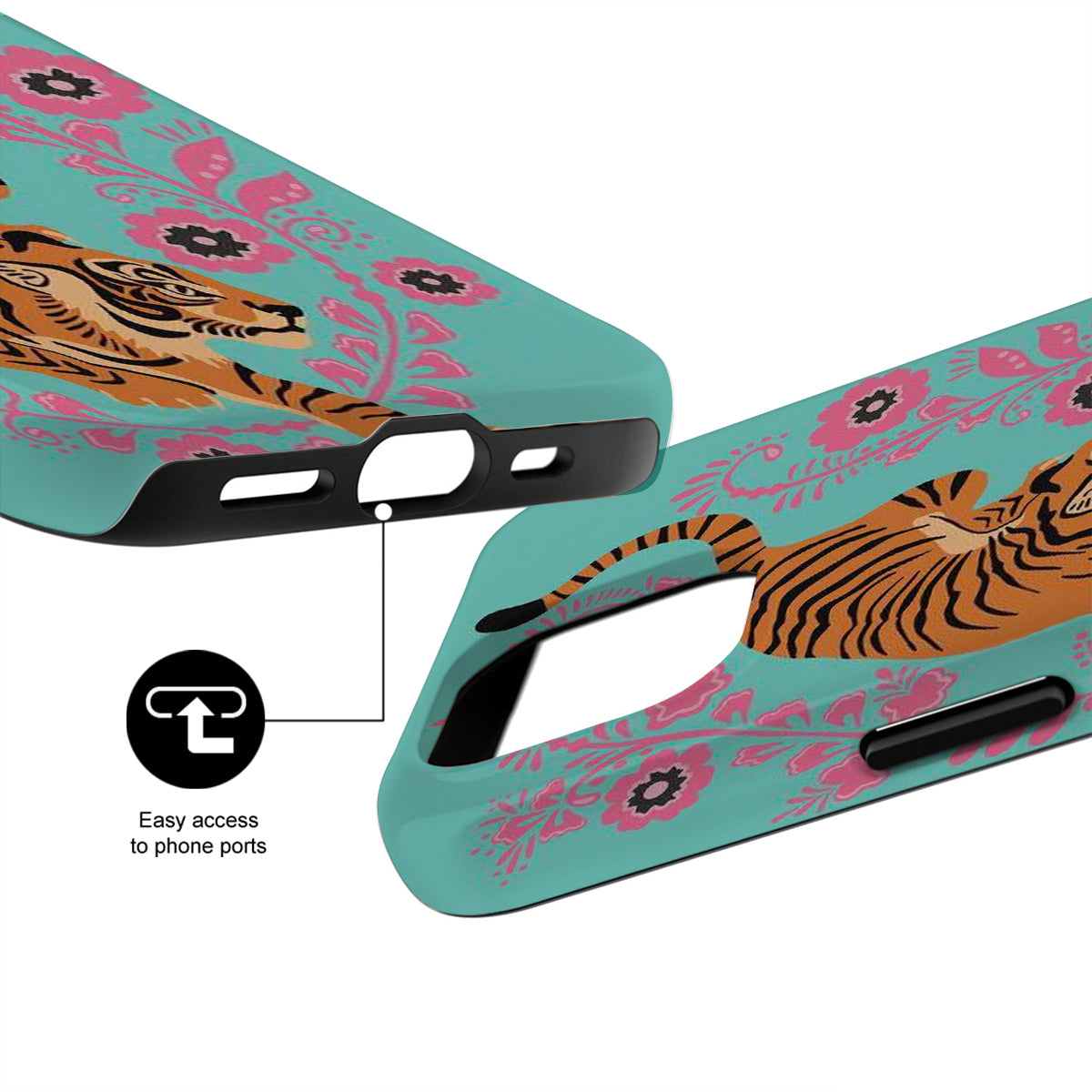 Phone case with tiger design and floral patterns on a turquoise background