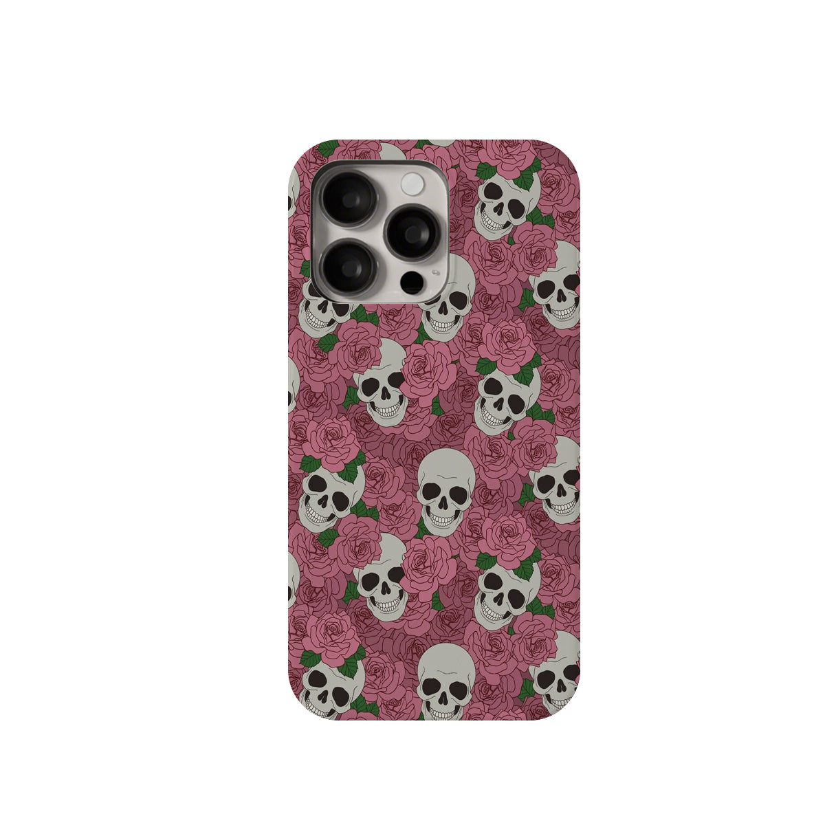 Phone case with skull and floral pattern on a pink background