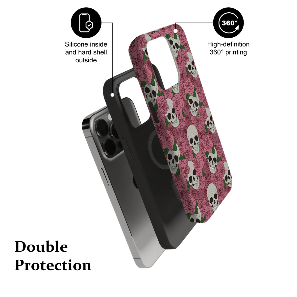 Phone case with skull and flower pattern, showing double protection features.