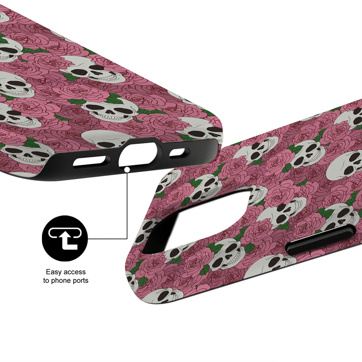 Phone case with skull and rose pattern on a pink background
