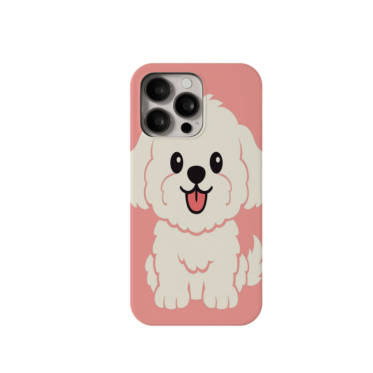 Phone case with a white dog illustration on a pink background