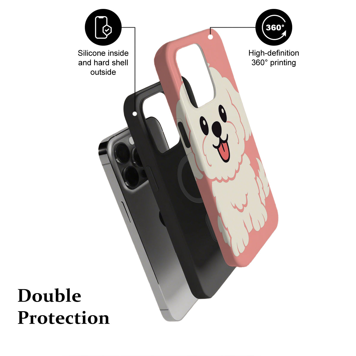 Phone case with a dog design, highlighting features like silicone inside and hard shell outside, and 360-degree printing.