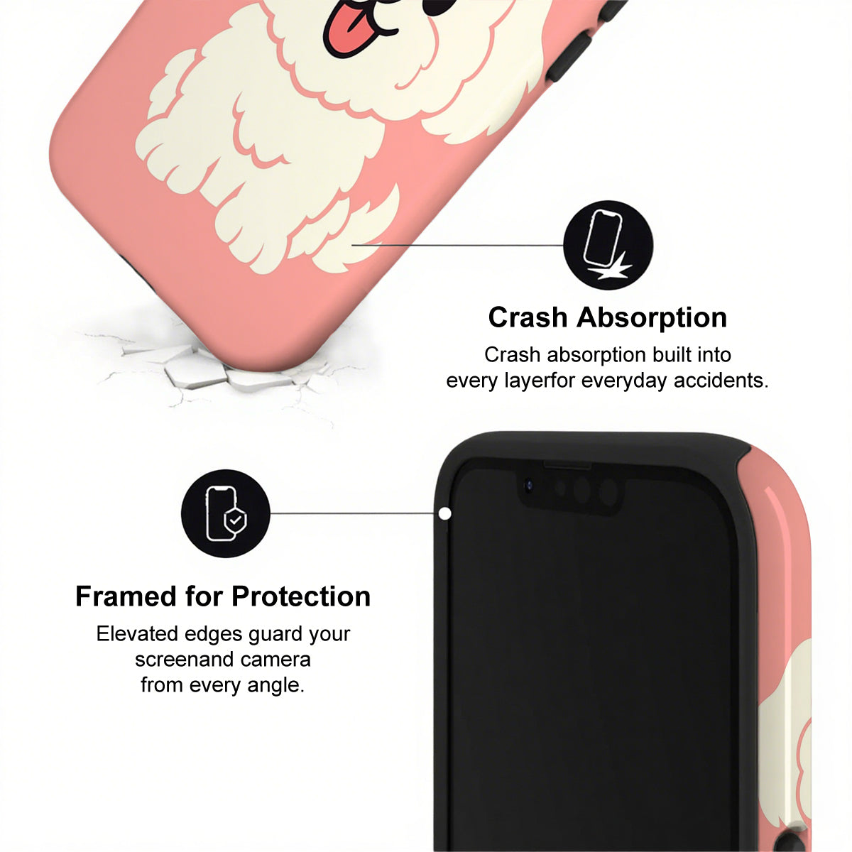 Phone case with cartoon dog design and text about crash absorption and protection.