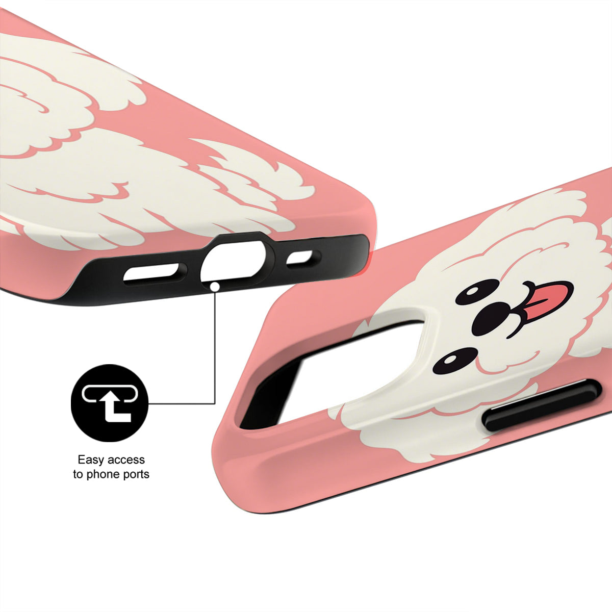 Phone case with cartoon ghost design on a pink background