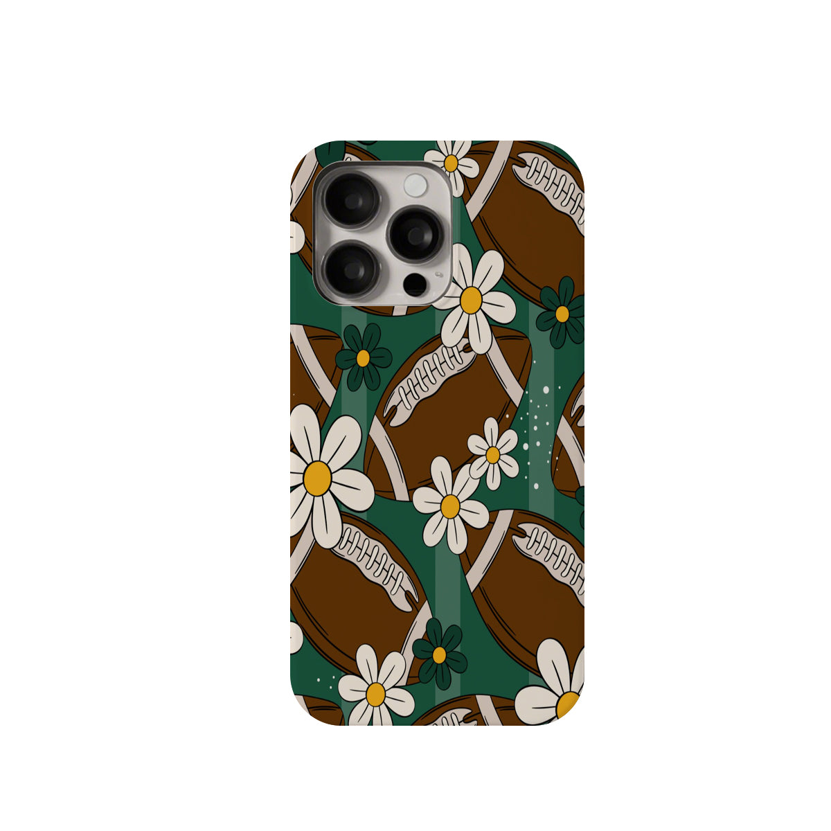 Phone case with football and flower pattern on a green background