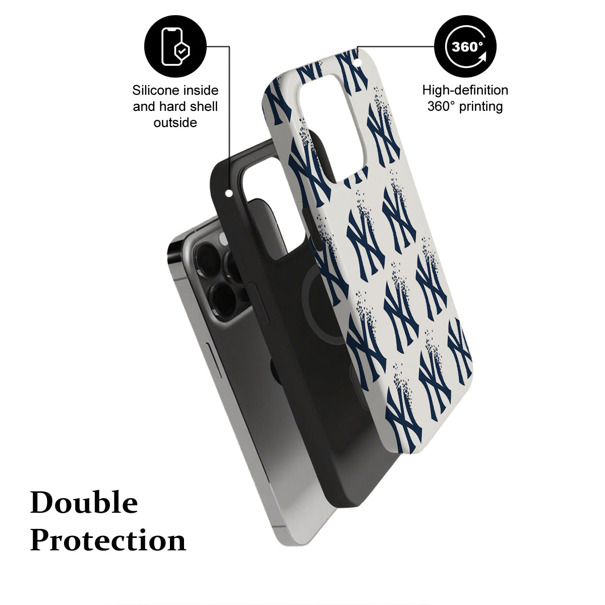Phone case with New York Yankees logo and text highlighting features on a white background