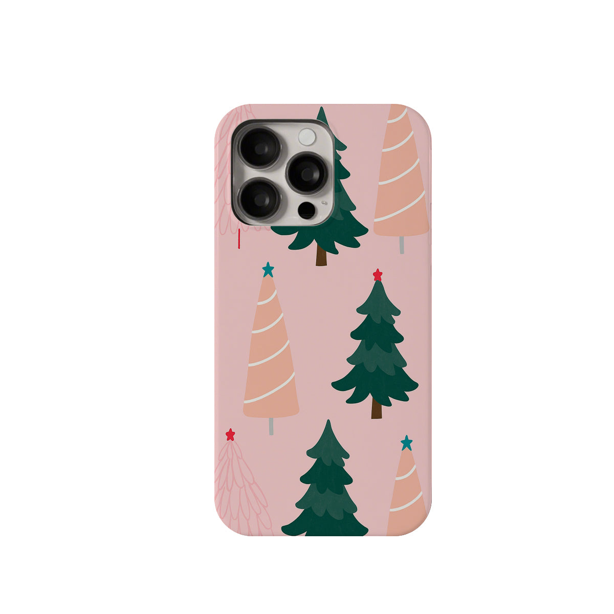 Phone case with Christmas tree design on a pink background
